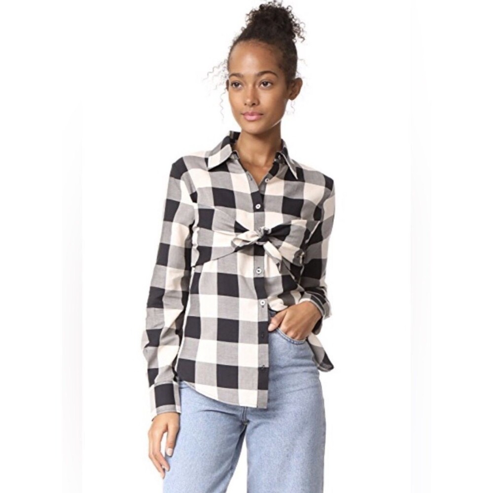 Mara Hoffman Black White Plaid Gingham Tie Front Long Sleeve Cotton Top Sz Large